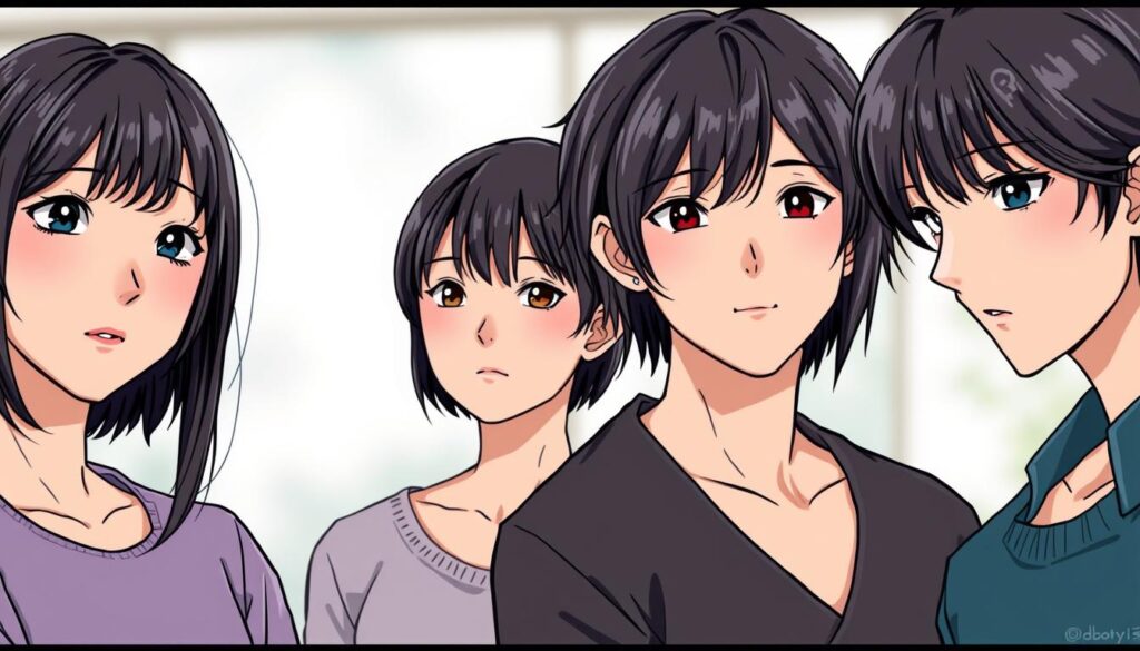 A stylized portrait depicting the compatibility and communication dynamics between four distinct personality types, represented by young Japanese-looking models with realistic facial features and dark hair. The scene showcases the interplay of energies, affinities, and potential tensions across the MBTI spectrum, set against a softly blurred background that evokes a sense of introspection and self-discovery. The lighting is subtle and naturalistic, capturing the nuances of the interpersonal interactions with a warm, contemplative mood.