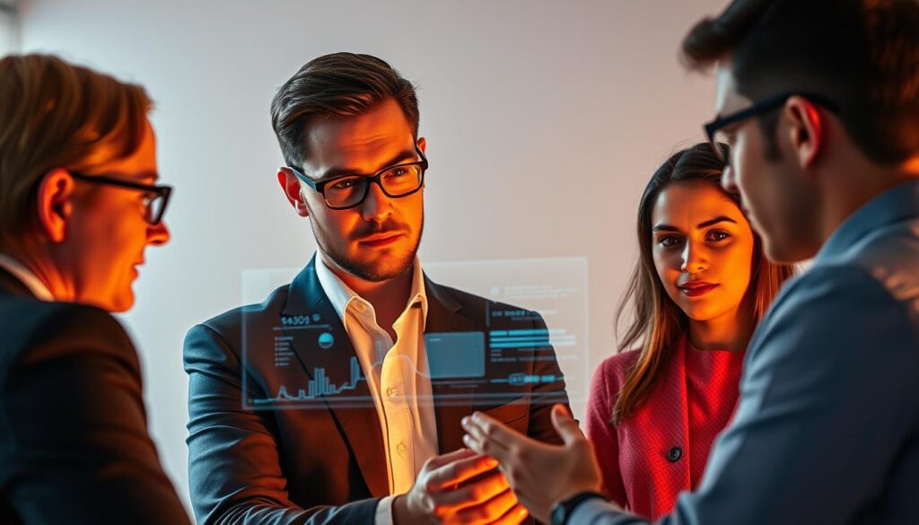 A thoughtful INFJ consultant, dressed in a sharp suit, engages in strategic planning with a group of colleagues. The scene is bathed in warm, incandescent lighting, creating an atmosphere of focused deliberation. The consultant's expression is one of intense concentration, their gaze fixed on a holographic display that hovers before them, revealing complex data visualizations. The team members surrounding the consultant appear equally engaged, their faces illuminated by the soft glow of the display. The background is a clean, minimalist office space, hinting at the consultant's attention to detail and organizational prowess. The overall tone conveys the INFJ's ability to think systematically, anticipate challenges, and guide their team towards innovative solutions.