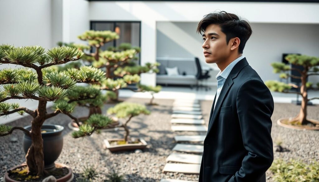 A thoughtful INFJ exploring their career path, standing amid a serene Japanese-inspired landscape. In the foreground, a youthful, dark-haired individual dressed in contemporary business attire, contemplating their tech skills and design talents. The middle ground features a tranquil garden with pruned bonsai trees and a stone pathway, symbolizing the balance and harmony an INFJ seeks. The background depicts a minimalist modern office, hinting at the professional environments where INFJs can thrive as IT engineers and web designers. Soft, natural lighting illuminates the scene, creating an atmosphere of introspection and self-discovery.