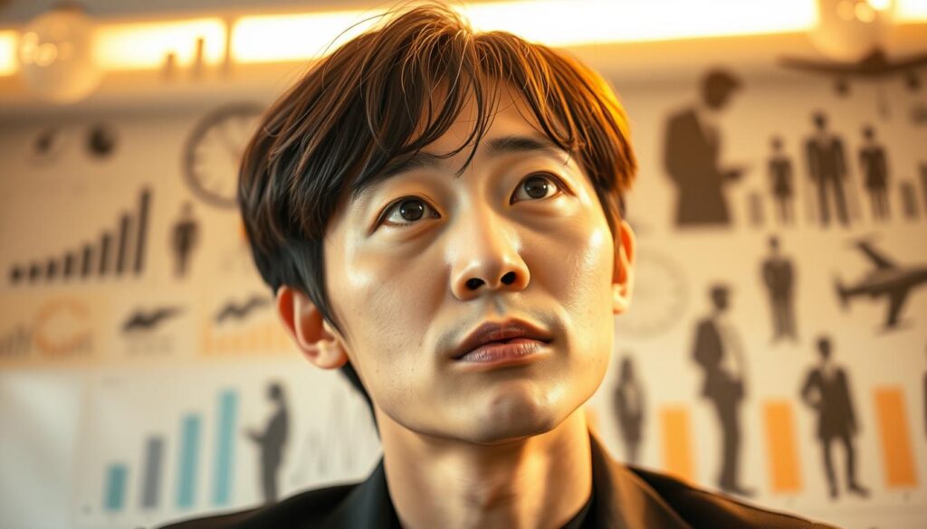 A thoughtful Japanese person gazing introspectively, surrounded by visual cues for self-analysis and career choice. The scene is lit with warm, natural lighting, captured with a high-quality portrait lens to create a shallow depth of field, focusing the viewer's attention on the pensive expression. The background showcases relevant iconography, such as graphs, charts, and silhouettes of different occupations, all blurred to emphasize the subject's contemplative state. The overall mood is one of quiet reflection, as the model considers their strengths, passions, and the best path forward in their professional journey.