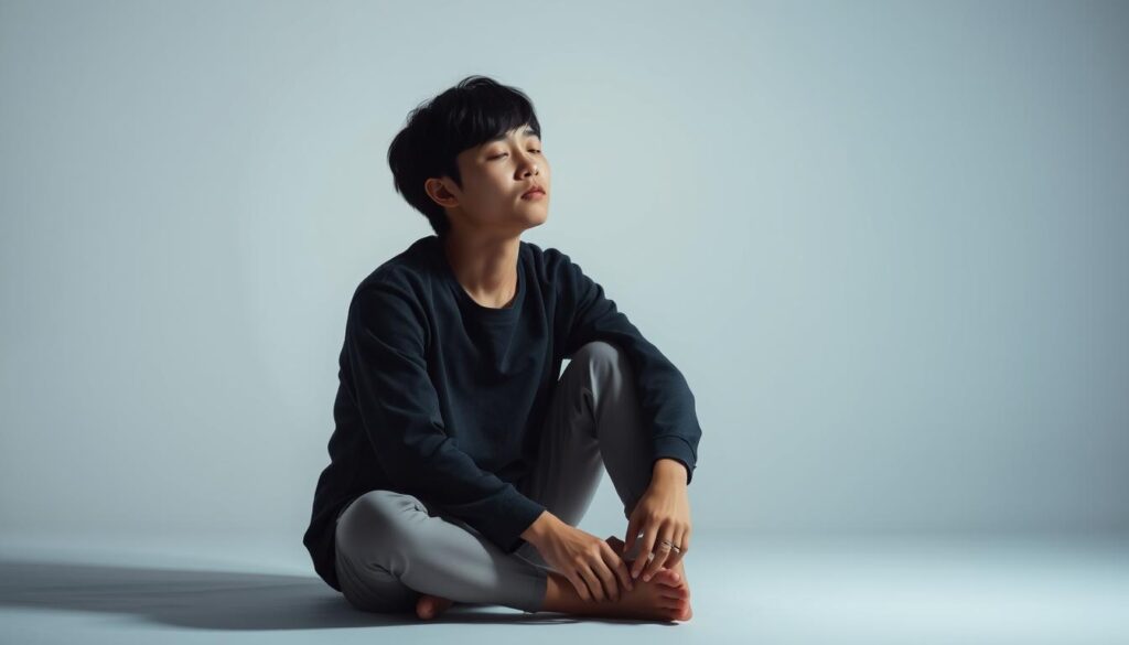 A thoughtful analysis of one's psychological functions, visualized in a serene, minimalist setting. Against a soft, ambient background, a young, Japanese-featured individual sits in a contemplative pose, eyes closed as they delve into the intricacies of their inner world. Subtle lighting casts a pensive, almost meditative atmosphere, inviting the viewer to join in the exploration of the self. The figure's pose and expression convey a sense of focus and self-awareness, capturing the essence of the "Psychological Functions in Self-Analysis" section. Attention to detail in the model's features and the overall composition creates a visually striking and conceptually meaningful representation of the subject matter.