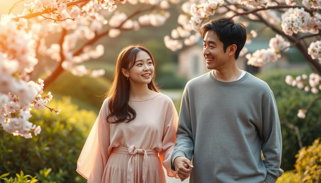 A tranquil Japanese couple walking hand-in-hand through a lush, verdant garden, surrounded by blooming cherry blossoms. Warm, soft lighting bathes the scene, creating an intimate, serene atmosphere. The woman's gentle gaze and the man's reassuring presence convey a deep, unwavering bond. Their poised, youthful figures and oriental features reflect the article's subject of an ESFJ's approach to building a stable, harmonious relationship. The overall image communicates a sense of trust, comfort, and the nurturing of a long-term, meaningful connection.