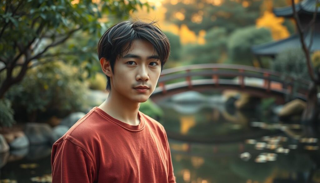A tranquil Japanese-style garden, with a serene pond and lush foliage. In the foreground, a young, thoughtful-looking Japanese man stands, his dark hair gently swaying in the breeze. His expression conveys a sense of caution, as if navigating the potential pitfalls of romance. The middle ground features a delicate bridge arching over the pond, symbolizing the precarious journey of love. The background is bathed in a warm, golden light, creating an atmosphere of contemplation and introspection. The overall scene evokes a sense of balance, wisdom, and the careful avoidance of emotional missteps.