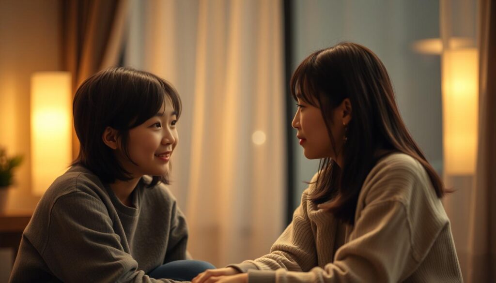 A tranquil and intimate scene depicting the essence of sincere communication. In the foreground, two young Japanese-looking individuals sit facing each other, their expressions conveying a sense of openness, trust, and earnest exchange. Warm, soft lighting illuminates their features, creating a serene atmosphere that invites the viewer to feel the authenticity and depth of their interaction. The background is subtly blurred, allowing the focus to remain on the central figures and their thoughtful dialogue. The composition and lighting work together to capture the fundamental principles of an ESFJ's approach to connecting with a loved one - empathy, honesty, and a genuine desire to understand.