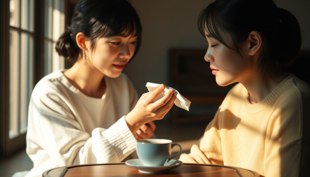 A tranquil, dimly lit scene showcases a young Japanese woman tenderly caring for her loved one. Soft natural lighting casts a warm glow, as she gently places a cool compress on their forehead, conveying empathy and concern. In the middle ground, a soothing cup of tea rests on a low table, symbolizing her nurturing presence. The background is a serene, minimalist interior, with muted tones and clean lines that amplify the intimate, thoughtful atmosphere. The woman's expression is one of gentle attentiveness, her body language radiating the heartfelt "care and consideration" that defines this ENFJ's loving approach.