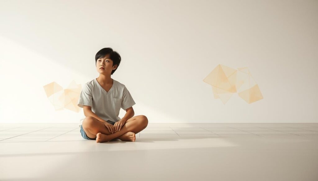 A tranquil, harmonious scene depicting the balance between meticulous planning and graceful adaptability. In the foreground, a young Japanese-looking person sits cross-legged, eyes closed in contemplation, conveying a sense of deliberate focus. The middle ground features a subtly shifting pattern of geometric shapes and lines, representing the structured, logical elements of planning. In the background, ethereal watercolor-like shapes and brushstrokes symbolize the fluid, flexible nature of adaptation. The lighting is soft and diffused, creating an atmosphere of serene contemplation. The overall composition suggests the importance of striking a balance between disciplined strategy and responsive agility.