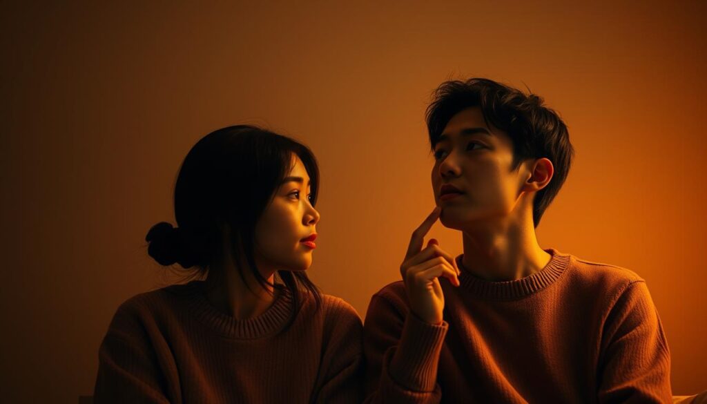 A tranquil, introspective scene of two ESFP individuals engaged in deep self-exploration. Warm, soft lighting illuminates their thoughtful expressions as they gaze inwardly, navigating the nuances of their own psyche. Subtle gestures and body language convey the intimacy and trust of their understanding. The background is a calming, minimalist space, allowing the focus to remain on the profound process of mutual comprehension. Realistic, lifelike renderings of young, Japanese-featured models create an authentic, relatable atmosphere.