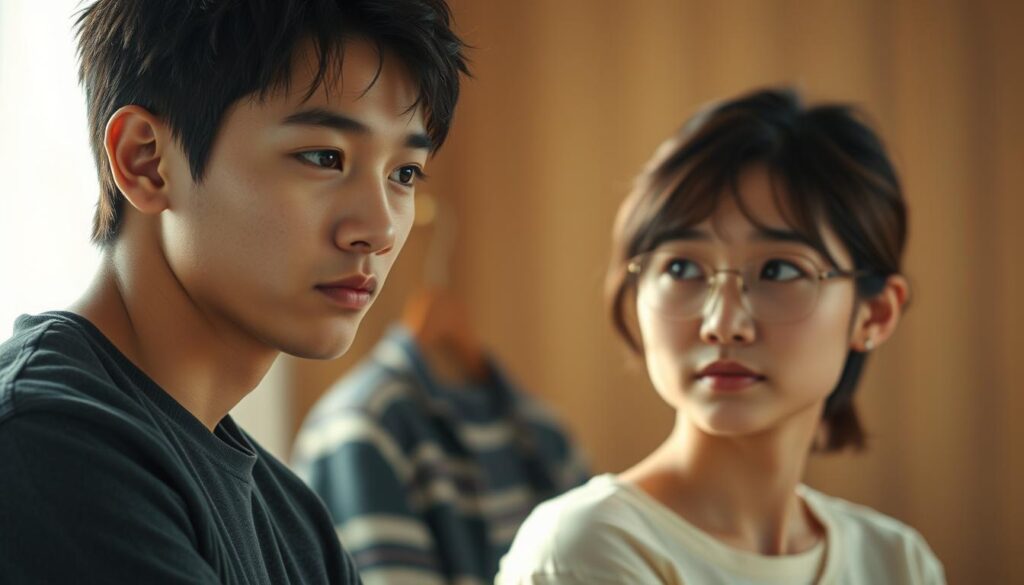 A tranquil scene depicting the contrasting values and approaches to love between two young, Japanese-looking individuals, captured in a realistic photographic style. In the foreground, a thoughtful INTJ individual contemplates the deeper complexities of relationships, their pensive expression reflecting an analytical perspective. In the middle ground, a more emotive INFP counterpart gazes wistfully, their body language conveying a sense of romantic idealism. The lighting is soft and natural, creating a serene, introspective atmosphere that invites the viewer to consider the nuances of these distinct personality types and how they might navigate the journey of love.