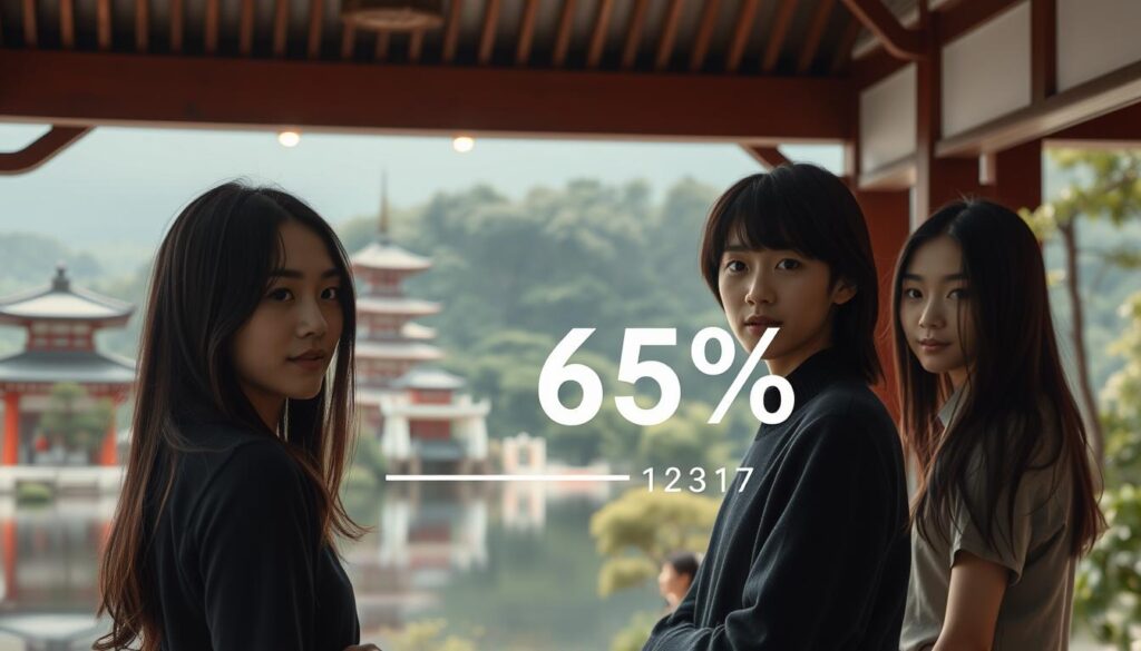 A tranquil scene depicting the proportion of INFJ personality types within the Japanese population. In the foreground, a group of young, dark-haired Japanese individuals stand in a serene Japanese-style setting, their expressions conveying a sense of introspection and quiet contemplation. The middle ground features a landscape of traditional Japanese architecture, pagodas, and lush greenery, bathed in soft, diffused lighting that creates a calming atmosphere. In the background, a symbolic representation of statistical data visualizes the relative percentage of INFJ types among the Japanese populace, presented in a minimalist, elegant manner that complements the overall aesthetic. The overall composition strikes a balance between the personal, the cultural, and the analytical, reflecting the nuanced nature of the INFJ experience in the Japanese context.