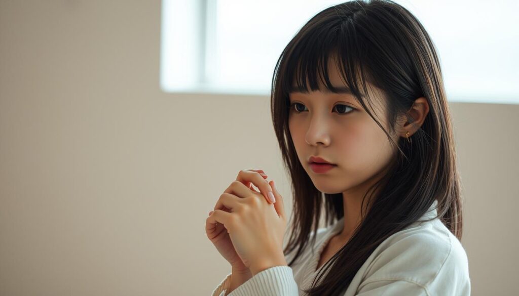 A tranquil scene of a young Japanese woman deeply absorbed in observing her surroundings, her eyes narrowed in careful scrutiny. The lighting is soft and natural, illuminating her delicate features and the pensive expression on her face. She stands in a serene, minimalist environment, her body language conveying a sense of focused concentration as she analyzes the details before her. The composition emphasizes the interplay between her observational skills and her subtle, measured movements, evoking a sense of thoughtful introspection.