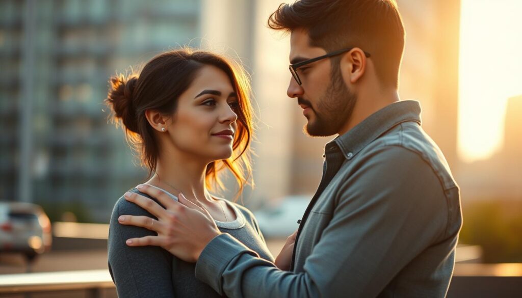 A tranquil scene of an ENTJ embracing their love interest with a mix of gentle affection and assertive body language. The pair stand in a sunlit urban setting, the woman's hands resting on the man's chest as he gazes down at her with a focused, intent expression. Their body language conveys a sense of deep connection and understanding, hinting at the ENTJ's intense dedication and desire to understand their partner. The lighting is soft and warm, creating an intimate, romantic atmosphere. The background features a blurred cityscape, keeping the focus on the couple's interaction. Overall, the image reflects the ENTJ's distinctive approach to relationships - a combination of emotional intensity, intellectual engagement, and a drive to master the complexities of human connection.