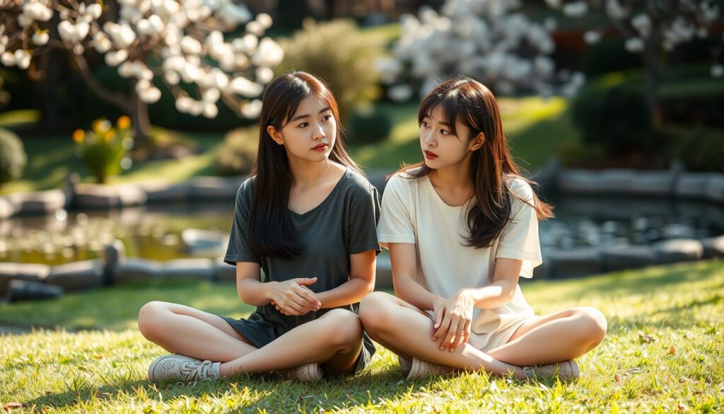 A tranquil, sun-dappled garden setting with two young Japanese-looking models sitting cross-legged on the grass, engaged in a thoughtful discussion. The lighting is soft and natural, casting warm, golden tones over the scene. The models' expressions are contemplative, conveying a sense of earnest introspection as they explore ways to improve their rapport and compatibility. The background features a lush, verdant landscape with blossoming flowers and a serene pond, creating a calming, introspective atmosphere. The composition is balanced and harmonious, inviting the viewer to pause and consider the nuances of interpersonal relationships.
