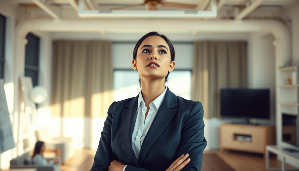 A vibrant and dynamic office setting, with a young, professional-looking woman in the center, deep in thought as she considers career options. She is dressed in a smart, tailored suit, her posture exuding confidence and poise. The lighting is soft and natural, casting a warm glow on her features. In the background, a minimalist yet elegant office environment, with clean lines and modern furnishings. The overall atmosphere conveys a sense of focus, inspiration, and the pursuit of personal growth and fulfillment. A subtle, yet impactful visual representation of the potential for a career as a human resources or career consultant.