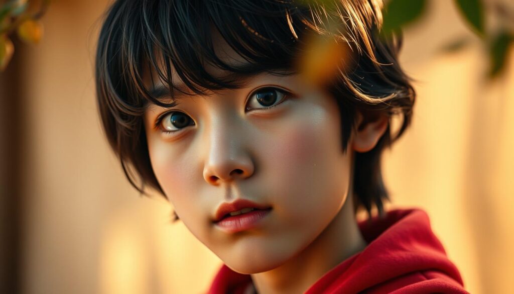A vibrant and introspective portrait of a young Japanese creator, captured in a warm, natural setting. The subject's expressive features and captivating gaze convey a profound sense of artistic self-discovery, as they ponder their creative journey. Soft, diffused lighting illuminates the scene, creating a serene and intimate atmosphere that invites the viewer to connect with the individual's process of self-expression. The composition is balanced, with the subject positioned centrally, allowing their presence to command the frame. This image perfectly encapsulates the essence of the article's section, "クリエイターとしての自己表現," celebrating the powerful intersection of personal identity and creative fulfillment.