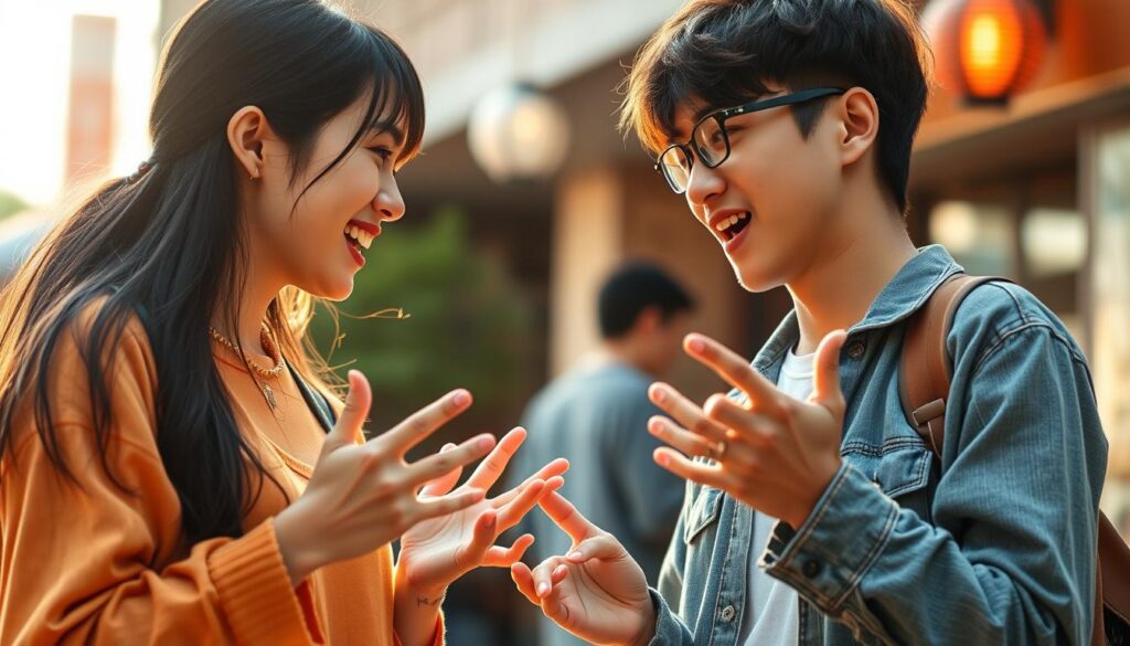A vibrant, dynamic scene showcasing two young Japanese individuals engaged in a lively, expressive conversation. The pair stand face-to-face, their hands gesturing animatedly as they exchange ideas with an air of openness and mutual understanding. Warm, natural lighting illuminates their features, highlighting the genuine connection and free flow of communication between them. The background is slightly blurred, allowing the figures to take center stage and emphasize the unencumbered, spontaneous nature of their interaction. An atmosphere of warmth, curiosity, and unrestrained exchange permeates the frame, capturing the essence of "自由なコミュニケーション" in a visually captivating manner.