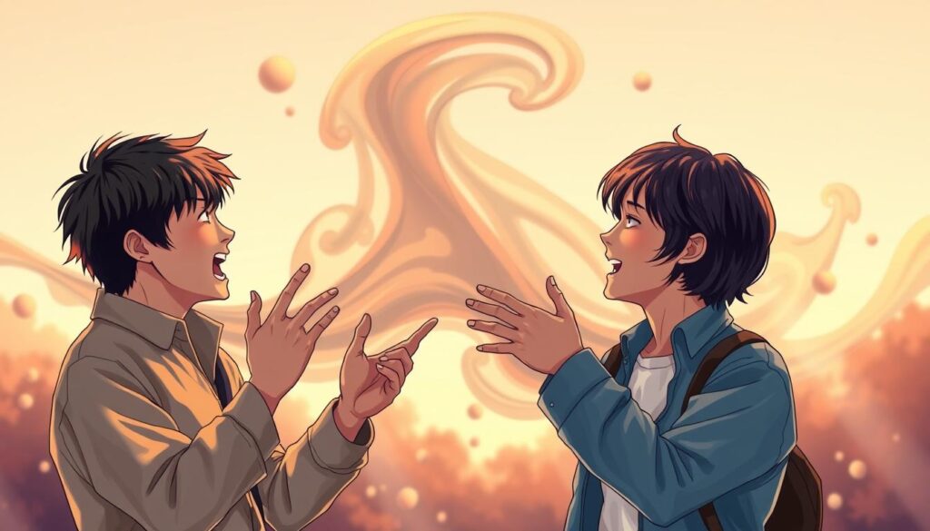 A vibrant illustration of the dynamic interplay between ENTP-T and INFJ personality types. In the foreground, two young Japanese-looking individuals engage in a lively exchange, their expressive gestures and animated facial expressions conveying the depth of their connection. The middle ground features a fluid, dreamlike backdrop, with abstract forms and colors suggesting the intangible bond between these complementary personas. Soft, warm lighting bathes the scene, creating an atmosphere of warmth and understanding. The overall composition captures the essence of the "ENTP-T and INFJ compatibility" theme, inviting the viewer to explore the nuances of this unique relationship.