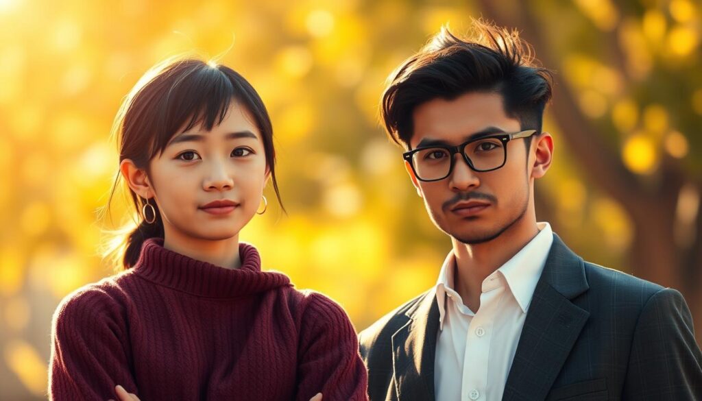 A vibrant, photorealistic image showcasing the interpersonal dynamics between an ISFJ-T and an ENTJ. In the foreground, the ISFJ-T stands calmly, their youthful Japanese features exuding a sense of patience and understanding. The ENTJ, in the middle ground, radiates an aura of confidence and ambition, their gaze intense and focused. The background is softly blurred, emphasizing the connection between the two. Warm, natural lighting casts a subtle glow, creating an atmosphere of harmony and mutual respect. The image captures the nuanced relationship between these distinct personality types, hinting at their complementary strengths and potential for fruitful collaboration.