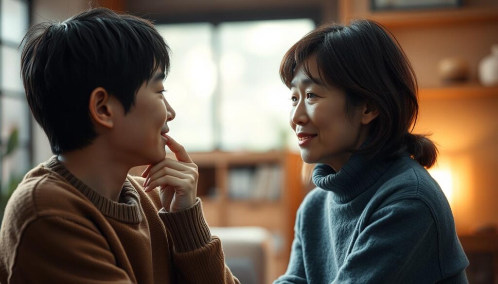 A warm, empathetic scene of a young Japanese person thoughtfully listening and responding with care. Soft, diffuse lighting illuminates their face, highlighting their gentle expression and attentive body language as they engage in a meaningful conversation. The background is subtly blurred, focusing attention on the interpersonal connection. Realistic, high-quality details capture the sincere, supportive dynamic between the two individuals, conveying the essence of active listening and emotional understanding.