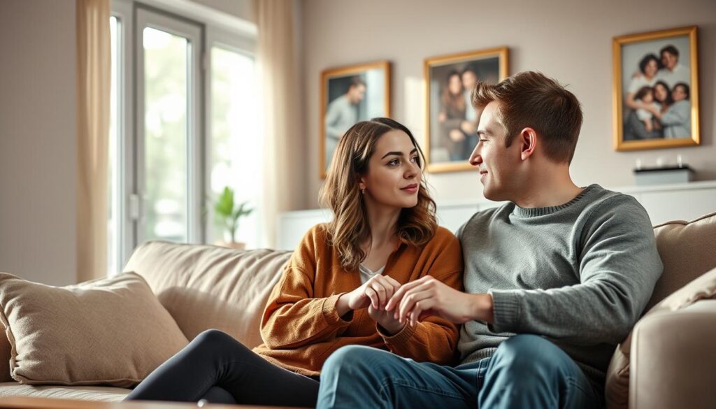 A warm, intimate family scene set in a cozy living room. An INTJ and INFP couple, both in their mid-20s, sit on a plush sofa, engaged in deep conversation. The woman, the INFP, leans in, her expressive face mirroring her partner's thoughtful gaze. The man, the INTJ, holds her hand, his eyes reflecting a rare vulnerability. In the background, a family portrait on the wall hints at the couple's shared history. Soft, natural lighting filters through large windows, creating a serene, introspective atmosphere. The scene conveys the mutual understanding and emotional connection between the two personalities as they navigate their relationship.