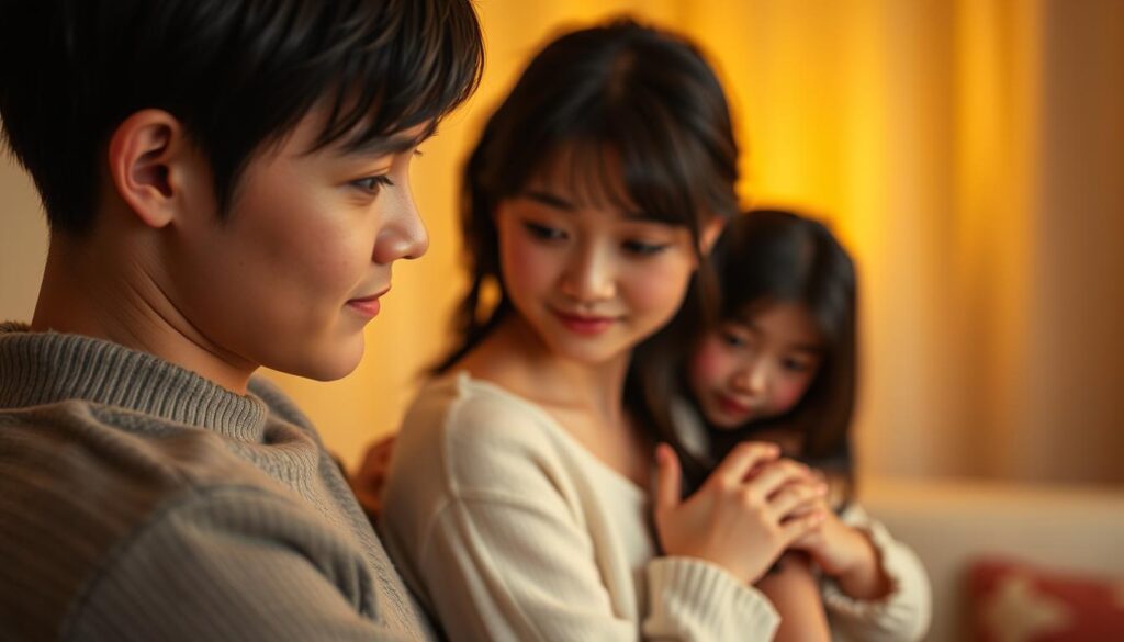 A warm, intimate moment between an ENFJ and their beloved. The foreground shows the ENFJ gazing lovingly at their partner, their eyes filled with tenderness and adoration. The middle ground features the couple embracing, their bodies entwined in a gentle, affectionate pose. The background is softly blurred, creating a cozy, private atmosphere. Warm, golden lighting casts a gentle glow, highlighting the couple's connection. The models have youthful, Japanese-inspired features, capturing the essence of the ENFJ's nurturing, expressive nature towards their cherished partner.