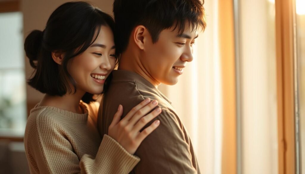 A warm, intimate scene of a young Japanese couple sharing affectionate praise and gentle physical touch. The woman leans in close, her gentle smile and adoring gaze focused on her partner as she places a hand on his arm. He responds with a tender, almost reverent expression, his own hand resting lightly on her back. Soft, natural lighting filters through a window, casting a soft, golden glow and creating a sense of intimacy and connection. The background is softly blurred, keeping the focus on the couple's intimate moment.