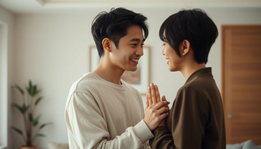A warm, intimate scene of two young Japanese-looking individuals expressing heartfelt gratitude towards each other. In the foreground, a woman tenderly holds the hands of a man, her expression conveying deep appreciation. The man's face is sincere, his eyes locked with hers, a subtle smile playing on his lips. In the middle ground, a simple, elegant interior with muted colors and clean lines provides a serene backdrop, allowing the emotional connection between the two figures to take center stage. Soft, diffused lighting casts a gentle glow, creating an atmosphere of intimacy and connection. The overall mood is one of genuine, heartfelt appreciation and the deepening of a meaningful relationship.