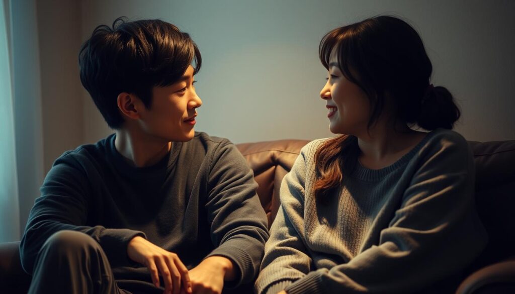 A warm, intimate scene of two young Japanese people seated comfortably together, their eyes locked in a profound moment of empathetic connection. Soft, directional lighting from the side casts gentle shadows, creating an atmosphere of trust and understanding. The central figures, with their dark, expressive features, lean in towards each other, their body language conveying a deep bond and mutual support. The background is subtly blurred, placing the emphasis squarely on the interpersonal dynamic unfolding between them. This image evokes the essence of "shared emotion" and the strength of human relationships built on genuine care and empathy.