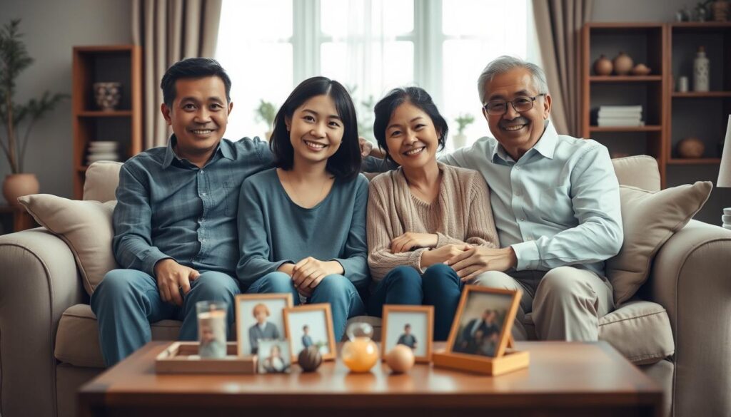 A warm, inviting family scene in a cozy living room. A young Japanese-looking couple sitting on a plush couch, surrounded by their supportive parents. Soft, natural lighting illuminates their faces, highlighting their genuine smiles and emotional connection. In the middle ground, a coffee table with family photos and trinkets, symbolizing their shared history and bond. The background features tasteful decor, creating a comfortable, harmonious atmosphere. The overall mood conveys a sense of joy, understanding, and the nurturing embrace of loved ones as the family builds meaningful relationships.