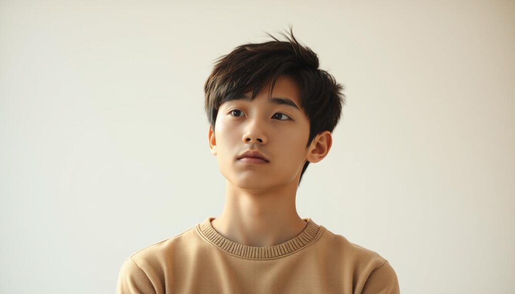 A well-balanced young Japanese individual stands in thoughtful contemplation, their expression reflecting the nuanced interplay between their strengths and weaknesses. The lighting casts a warm, natural glow, highlighting the subject's features in a realistic, photographic style. The middle ground is occupied by a serene, minimalist backdrop, allowing the viewer to focus on the subject's introspective pose. The overall atmosphere conveys a sense of introspection and self-awareness, embodying the essence of the "intp-t" personality type.