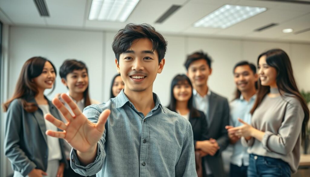 A well-lit and vividly composed scene showcasing the power of communication. In the foreground, a young Japanese-looking person gestures animatedly, their expressive face and body language exuding an air of friendly, enthusiastic conversation. Behind them, a group of similarly youthful individuals listen intently, their body language open and engaged. The background features a minimalist, modern office setting with clean lines and neutral tones, allowing the central figures to take center stage. The overall atmosphere is one of vibrant, thoughtful exchange, captured with a crisp, photorealistic aesthetic and natural, warm lighting that highlights the subjects' features.