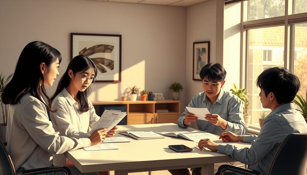 A well-lit, cinematic scene depicting four young Japanese individuals engaging in a career counseling session. In the foreground, two women and two men sit around a modern, minimalist office desk, thoughtfully examining personality assessment results. Mid-ground, the room is bathed in warm, natural lighting from large windows, creating a sense of openness and introspection. In the background, subtle details like potted plants and framed artwork suggest a professional yet inviting atmosphere. The models' expressions convey a combination of focus, curiosity, and self-discovery as they explore how their MBTI personality types might align with different career paths. The overall mood is one of calm, reflective exploration.