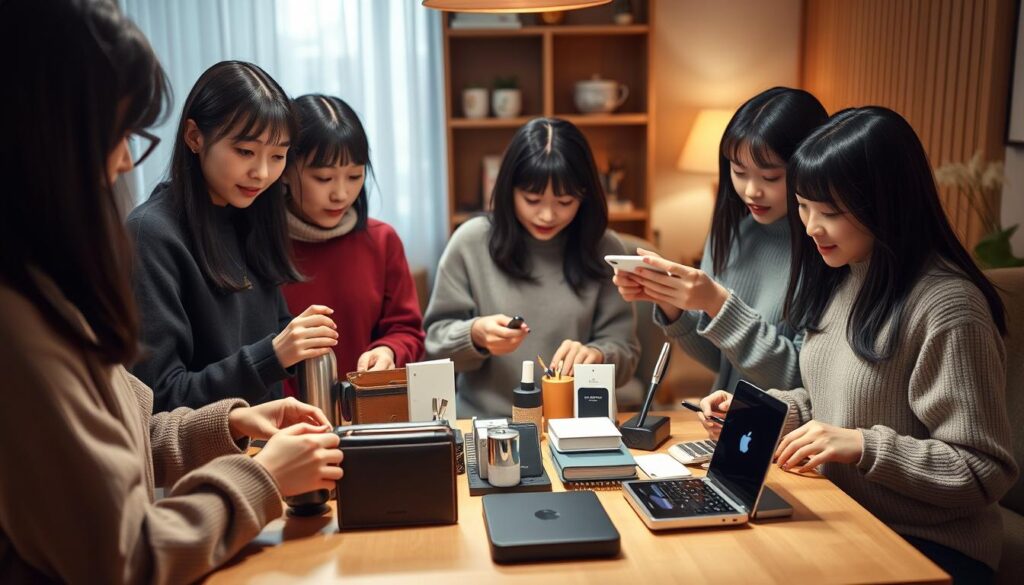 A well-lit room with a cozy, warm atmosphere. In the center, a group of young Japanese-looking models, their black hair framing their faces, gathered around a table displaying a diverse array of practical, everyday gifts - a sleek, minimalist stainless steel thermos, a high-quality leather wallet, a stylish desk organizer, and a high-tech wireless charging station. The models interact with the items, showcasing their usefulness and appeal. Soft, diffused lighting illuminates the scene, creating a sense of intimacy and approachability. The overall tone is one of simplicity, sophistication, and thoughtful gift-giving.