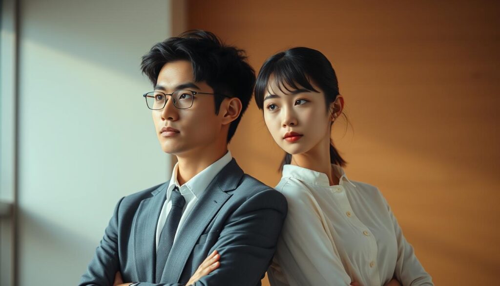 A well-lit scene depicting two young Japanese-looking individuals, one male and one female, standing side by side. The man on the left has a confident, determined expression, dressed in a sharp suit - representing the ESTJ personality type. The woman on the right has a more reserved, analytical demeanor, wearing a simple blouse and skirt - embodying the ISTJ type. They are positioned in a thoughtful, introspective pose, as if comparing their distinct approaches to relationships and life. The background is subtly blurred, keeping the focus on the central figures and their contrasting energies. Soft, natural lighting casts a warm, contemplative mood over the entire composition.