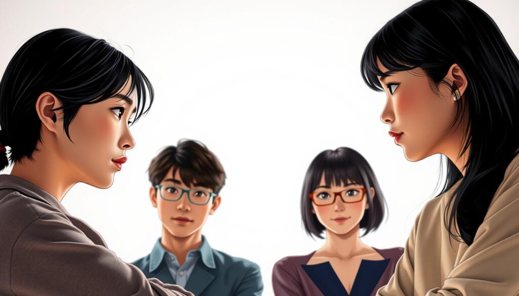 A well-lit studio setting with a crisp, clean backdrop. Three young individuals, distinct in their facial features and expressions, arranged in a visually engaging layout. The subjects are contemporary, Japanese-looking, with dark hair and a natural, realistic appearance. They are seated or standing, engaged in a thoughtful discussion, their body language indicating an evaluation or comparison of some kind. The lighting is soft and diffused, creating a sense of warmth and introspection. The overall composition is balanced, with a focus on the interaction between the subjects, conveying the nuances of personality assessment tools.
