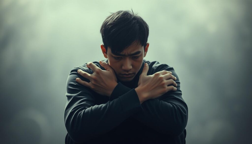 A young Japanese-looking individual sits alone, their face etched with anxiety and tension. Restless hands grip their arms, as if seeking comfort in self-embrace. The background is hazy, a dreamlike, ethereal quality that mirrors the psychological weight of the subject's situation. Soft, muted lighting casts shadows that hint at the internal struggle, the sense of being trapped in an invisible cage of emotional constraints. The overall mood is one of unease, a somber reflection on the psychological impact of excessive attachment and control.