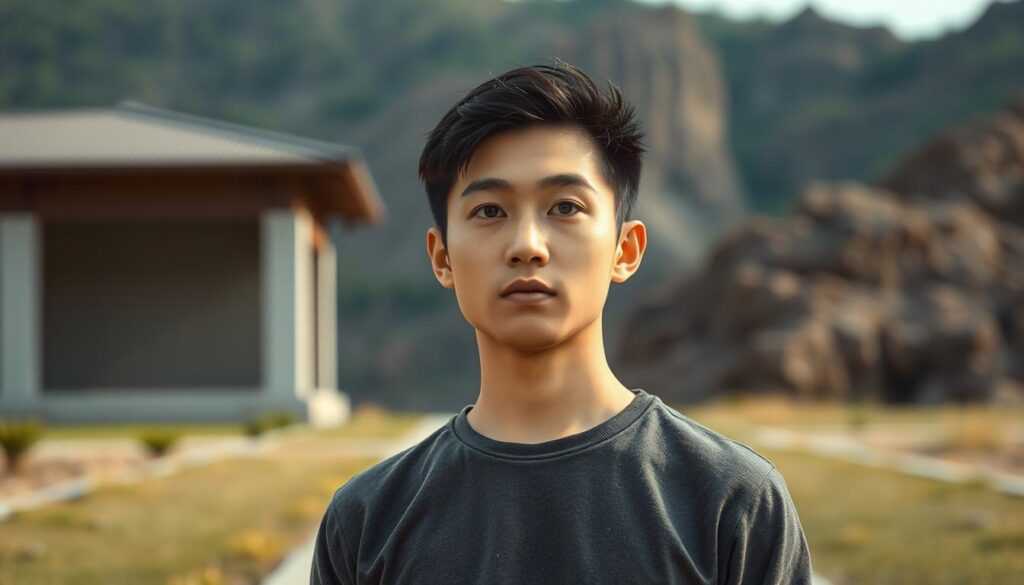 A young, Japanese-looking man stands in the foreground, his gaze balanced and thoughtful. In the middle ground, he is flanked by contrasting elements - on one side, a solid, stable structure, and on the other, a more dynamic, challenging landscape. The lighting is soft and natural, creating a contemplative mood. The composition suggests the man is carefully considering the balance between his desire for stability and the need to address pressing issues, capturing the essence of an ESTJ male's approach to love and relationships.