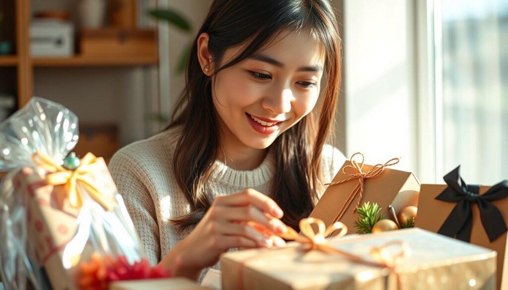 A young Japanese woman carefully examines a collection of thoughtfully curated gifts, her face alight with genuine interest as she explores items tailored to her friend's unique hobbies and passions. Soft, natural lighting illuminates the scene, casting a warm, inviting glow that highlights the care and consideration put into the gift selection process. The image evokes a sense of attentiveness, empathy, and a desire to truly understand and connect with the recipient through a personalized, meaningful present.