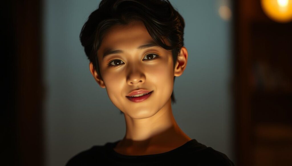 A young, attractive Japanese-looking person with a warm, charismatic expression and an aura of gentle sophistication. They stand in a dimly lit setting, the background softly blurred, drawing the viewer's focus to their captivating presence. The lighting casts a subtle, flattering glow, highlighting the person's striking features and conveying a sense of allure and magnetism. The composition is carefully balanced, with the subject positioned in a way that showcases their natural charm and appeal.