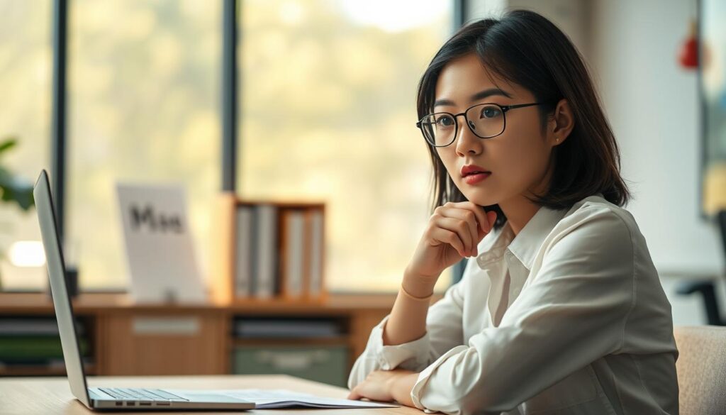 An analytical Japanese woman in her mid-twenties with a focused expression, sitting at a wooden desk in a well-lit office. The background is blurred, emphasizing her thoughtful pose as she considers a complex problem. Warm lighting from a large window casts gentle shadows, highlighting her logical thought process. The scene conveys a sense of deep concentration and intellectual exploration, reflecting the subject's analytical capabilities. The image is captured with a medium-length lens, creating an intimate and engaging composition.