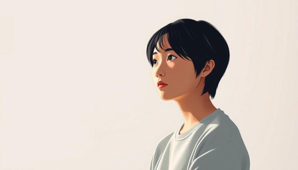 An elegant and minimalist diagnostic assessment illustration. A young Japanese person with dark hair stands thoughtfully in a softly lit, contemplative setting. A subtle hint of a graph or chart hovers in the background, suggesting the process of career analysis. The overall mood is one of introspection and self-discovery, creating a serene, relatable image to complement the article's subject matter.