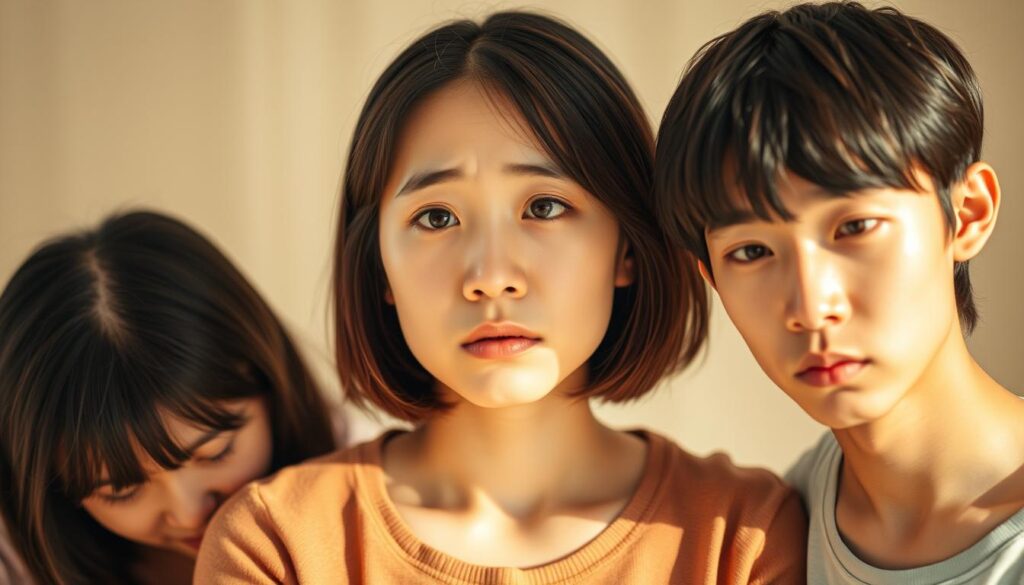 An intimate group of three young, Japanese-looking individuals express a range of emotions against a softly blurred background. The central figure wears a contemplative expression, contrasting with the visibly frustrated countenance of the person to their right and the sorrowful, downcast gaze of the individual to their left. Warm, natural lighting bathes the scene, creating a sense of introspection and vulnerability. The carefully composed frame captures the nuanced emotional disconnect between the figures, inviting the viewer to ponder the underlying narratives shaping their interactions.