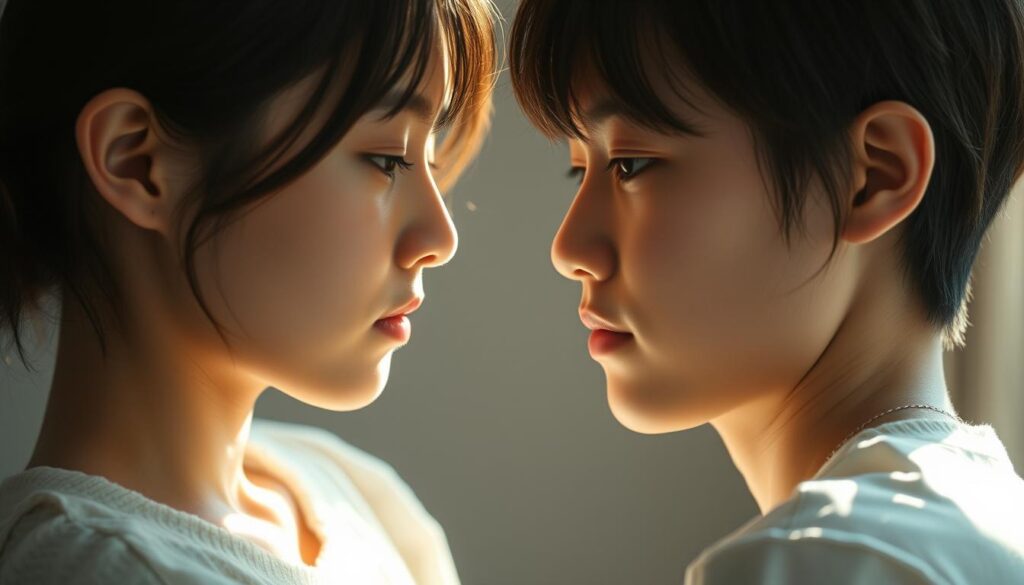 An intimate, quietly radiant scene of two ESFP individuals deeply engaged in soulful understanding. Soft, diffused lighting caresses their youthful Japanese features as they gaze into each other's eyes, their expressions mirroring a profound sense of empathy and connection. The composition is balanced, placing the subjects at the center, allowing their gentle body language and emotional intimacy to take center stage. A subtle, harmonious color palette and a muted, dreamlike atmosphere evoke the tranquil, harmonious nature of their interaction. The image conveys a sense of tranquil introspection, highlighting the profound, intuitive bond between these two ESFP individuals.