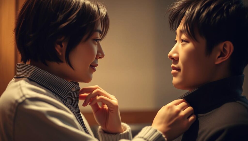 An intimate scene of two young Japanese individuals engaged in thoughtful, considerate gestures. A woman gently adjusts her partner's collar, her expression soft and attentive, conveying a sense of subtle care and attentiveness. The man returns her gaze with a calm, appreciative demeanor, their body language suggesting a comfortable, attuned connection. Warm, muted lighting casts a ambient glow, creating a sense of intimacy and tranquility. The focus is tight, drawing the viewer's attention to the delicate, unspoken exchange between the couple, exemplifying the essence of "さりげない気遣い".