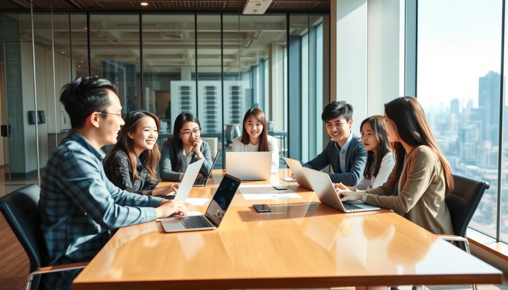 An office setting with young, Japanese-looking professionals engaged in collaborative work. The scene is filled with natural lighting, creating a warm and productive atmosphere. A team of colleagues sits around a sleek, modern conference table, discussing plans and analyzing data on their laptops. In the background, a large window overlooking a bustling city skyline adds depth and a sense of expansiveness. The team members display a mix of focused expressions, animated discussions, and casual interactions, reflecting the versatility and adaptability of the INTP-T personality type in a professional environment.