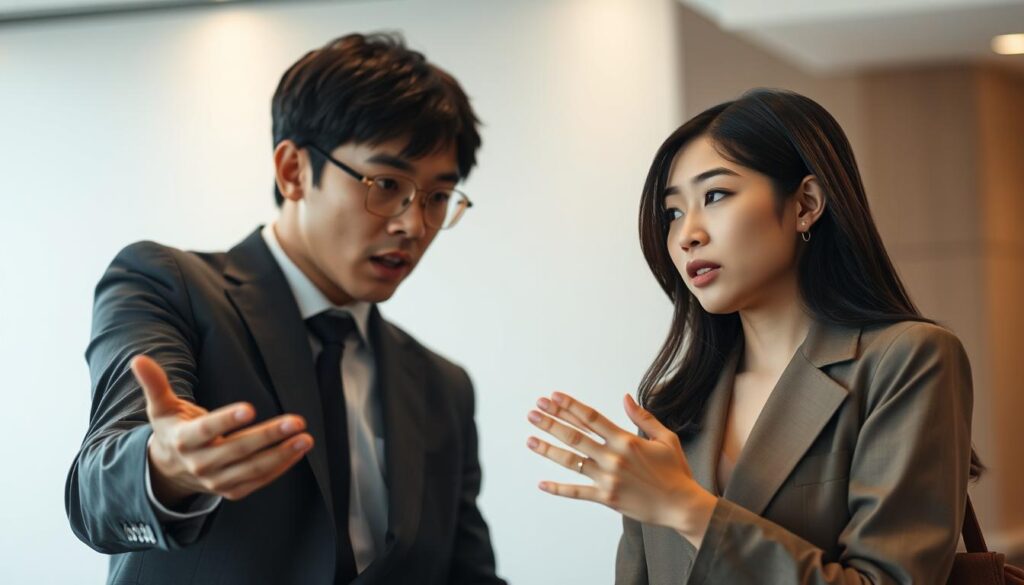 Two well-dressed Japanese individuals, a man and a woman, engaged in an animated, intellectual discussion against a blurred, softly lit background. The man leans forward intently, gesturing with his hands as he speaks, while the woman listens thoughtfully, her expression one of deep contemplation. The scene is captured with a cinematic, shallow depth of field, emphasizing the focus on their engrossing conversation. The overall atmosphere conveys a sense of profound, stimulating exchange between the two young, attractive individuals.