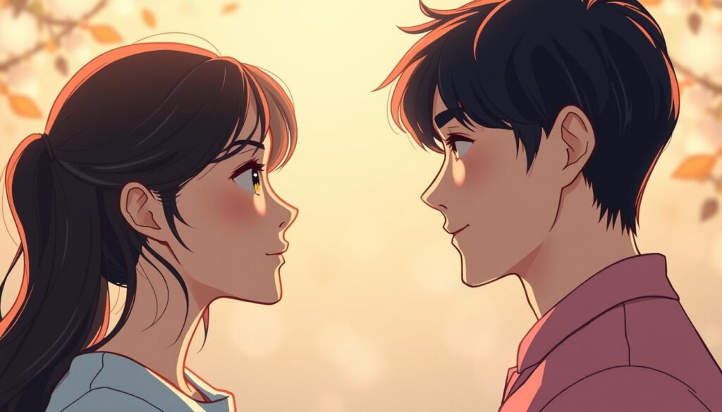 A captivating depiction of "MBTI 恋愛相性" showcasing the harmonious interplay of different personality types. In the foreground, two young Japanese-looking individuals, a man and a woman, gaze into each other's eyes with a sense of deep understanding and connection. Their expressions convey the intimacy and emotional resonance that arises from the synchronization of their MBTI profiles. The middle ground features a subtle, semi-abstract backdrop of intertwining lines and shapes, symbolizing the intricate web of interpersonal dynamics. The overall composition is bathed in a warm, natural lighting that enhances the sense of authenticity and emotional depth. The image aims to encapsulate the nuances and insights gleaned from exploring the MBTI framework in the context of romantic relationships and personal connections.