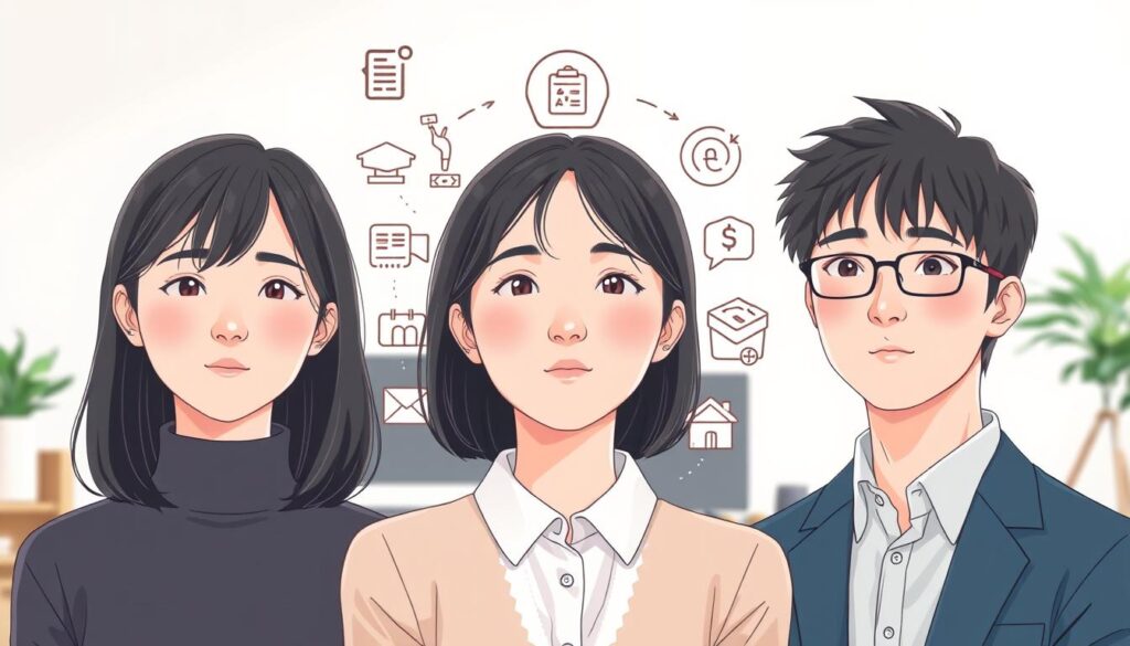 A detailed illustration of "職業適性診断結果" showcasing young, Japanese-looking individuals in a realistic photographic style. The foreground features three people, each with a distinct expression, representing different personality types. The middle ground depicts career-oriented symbols and icons, hinting at the diagnostic nature of the subject. The background is a clean, minimalist workspace, highlighting the professional context. Soft, neutral lighting creates a calm, introspective atmosphere, emphasizing the thoughtful nature of the MBTI assessment and its implications for one's career path.