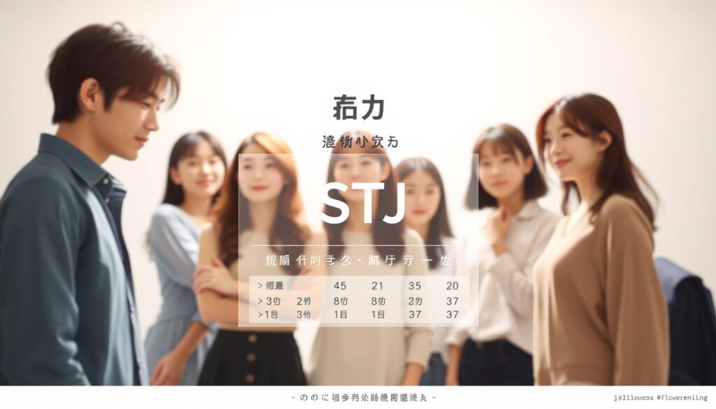A minimalistic, elegant illustration showcasing the "相性診断基準" for the ISTJ personality type. The central focus is a clean, modern infographic displaying a ranking of compatibility with various partner types, rendered in a neutral color palette. In the background, a group of young, attractive Japanese models strike natural poses, conveying a sense of harmony and interpersonal connection. Soft, diffused lighting creates a calming, contemplative atmosphere, drawing the viewer's attention to the informative visualization at the heart of the composition.
