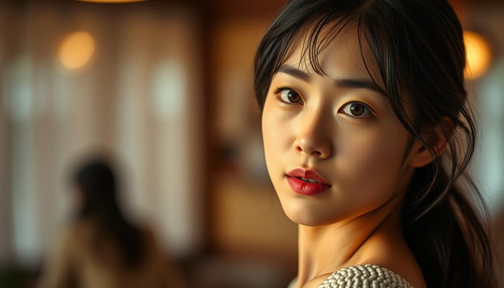 A boldly confident young Japanese woman, with a natural, alluring expression, gazes intently at the viewer. She stands in a warm, softly lit setting, exuding an air of anticipation and determination. Her posture is upright, shoulders back, conveying an active, assertive presence. The background features subtle, blurred elements that suggest an intimate, romantic ambiance, complementing the subject's focused, purposeful demeanor. Textured, realistic lighting accentuates the woman's delicate features and radiant complexion, creating a captivating, cinematic impression that evokes the idea of an active, sincere approach to relationships.