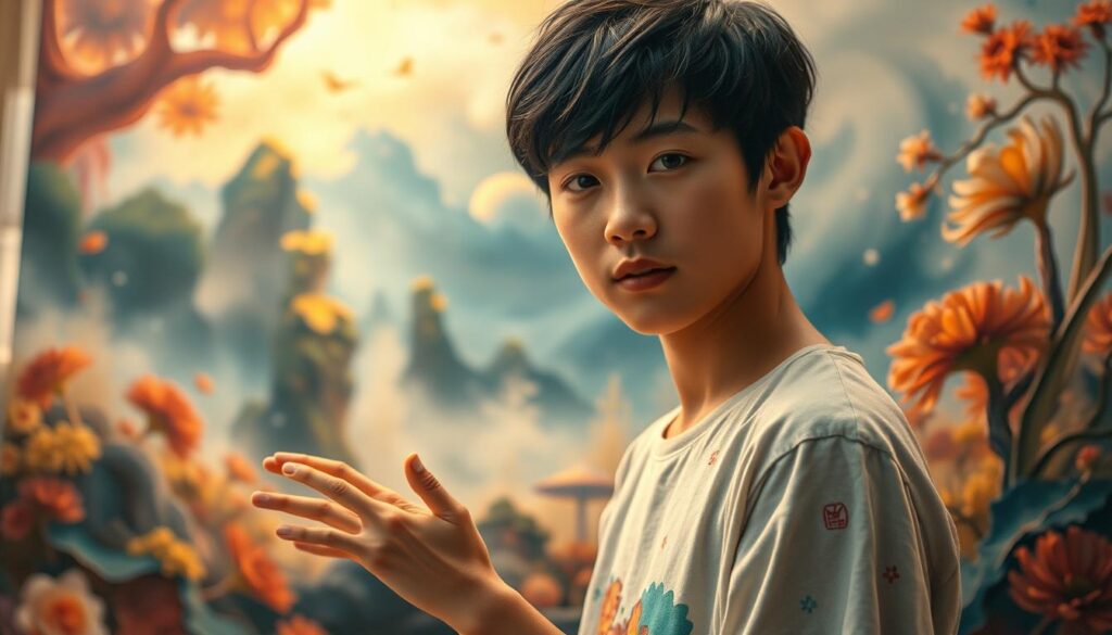 A breathtaking scene of artistic expression, showcasing the captivating essence of ISFP individuals. In the foreground, a young Japanese-looking model stands, their face radiating a pensive, introspective gaze. Their hands move with graceful fluidity, painting vibrant strokes on a canvas that seems to come alive with a tapestry of colors and textures. The middle ground reveals a dreamlike landscape, where organic forms and ethereal shapes intertwine, creating a sense of boundless imagination. Soft, warm lighting bathes the scene, imbuing it with a serene, almost mystical atmosphere. In the background, a veil of mist or subtle haze adds depth and a sense of the ethereal, reinforcing the deeply personal and imaginative nature of the ISFP's creative expression.
